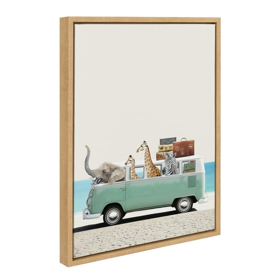 Kate and Laurel Sylvie Summer Animal Adventures Framed Canvas Wall Art by July Art Prints, 18x24 Natural, Zoo Animal Beach Van Wall Decor