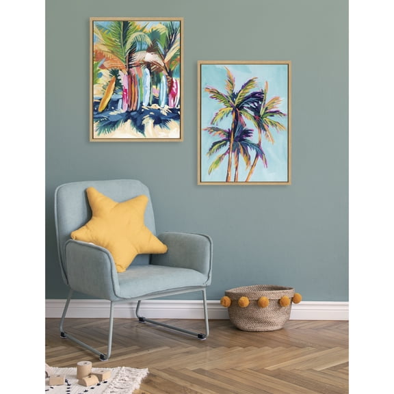 Kate and Laurel Sylvie Surf and Sand and Tropical Palms Study Framed Canvas Wall Art Set by Rachel Christopoulos, 2 Piece Set 18x24 Natural