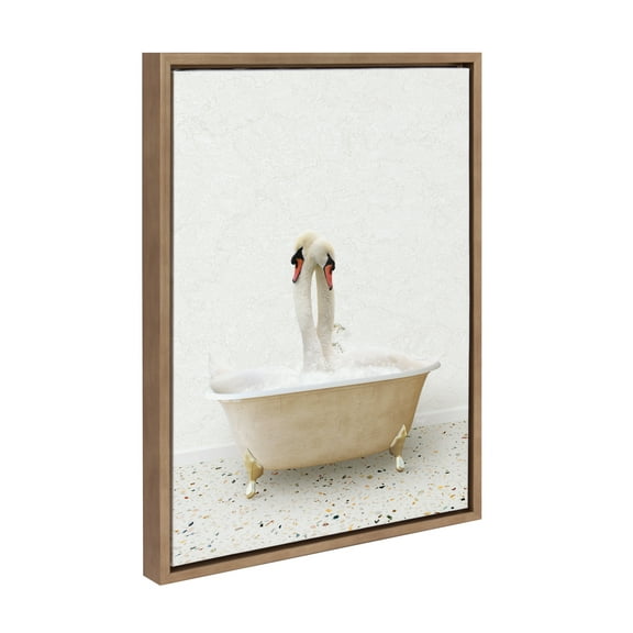 Kate and Laurel Sylvie Swans Hugging in Terrazzo Bath Framed Canvas Wall Art by Amy Peterson Art Studio, 18x24 Gold, Cute Animal Bathtub Art for Wall