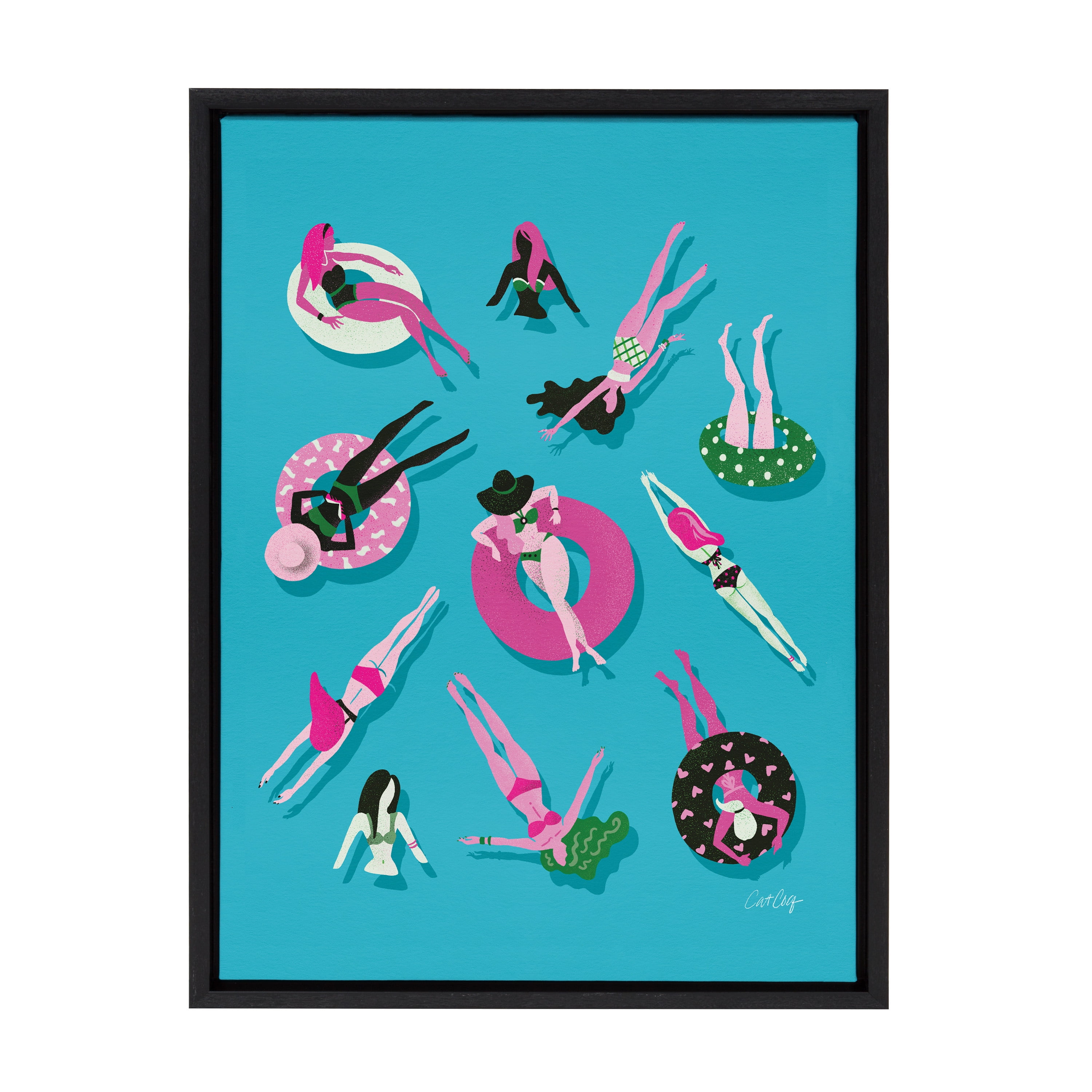 Swimming Ladies Magenta and Blue Canvas Print with Black Frame