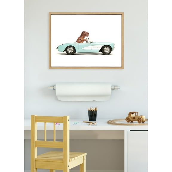 Kate and Laurel Sylvie T Rex Driving 1957 Aqua Chevy Framed Canvas Wall Art by Saint and Sailor Studios, 18x24 Natural, Cute Toy Car Art for Wall