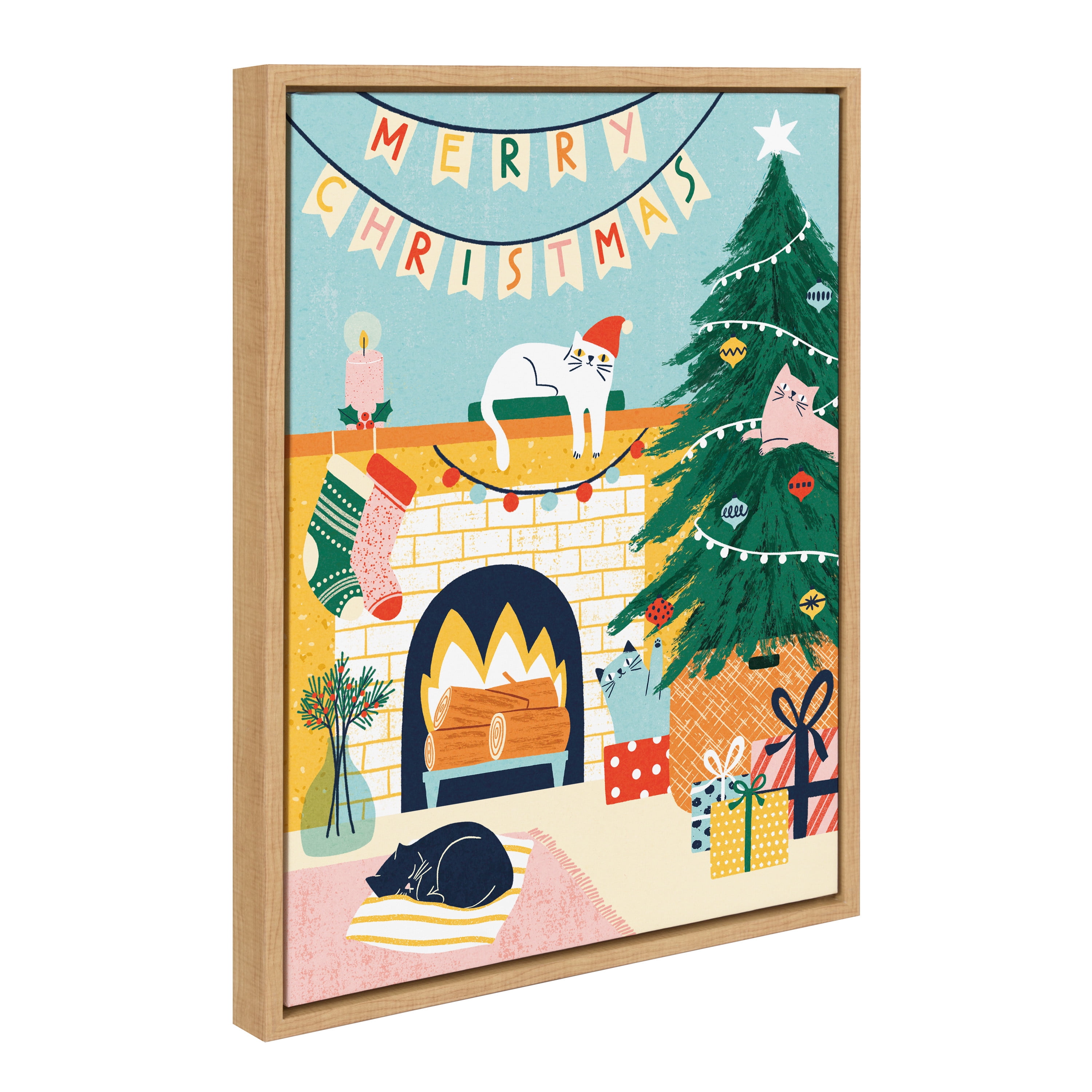 Colorful Christmas Cats Framed Canvas Wall Art, 18x24 Natural