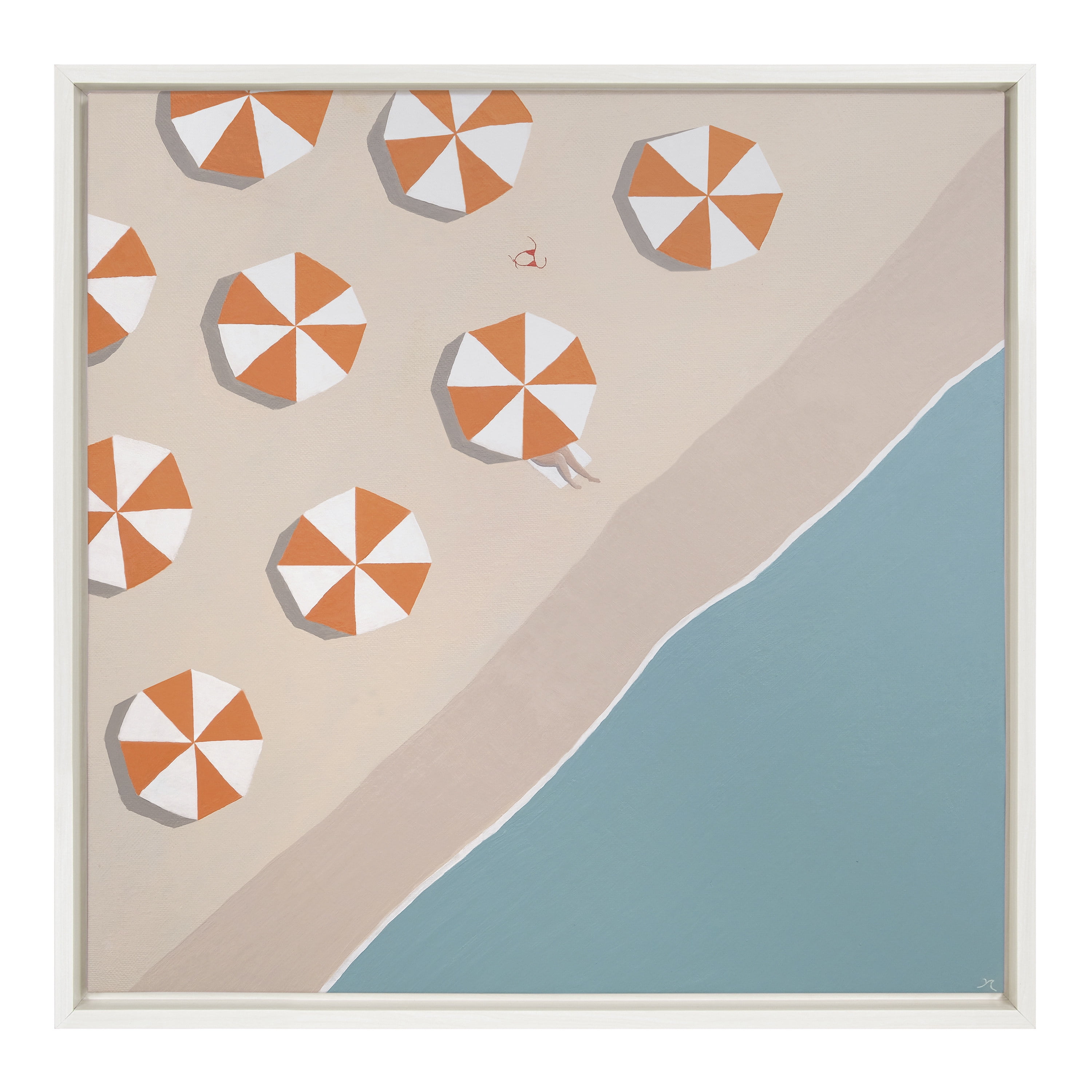 Beachside Umbrellas Coastal Canvas Art in White Frame