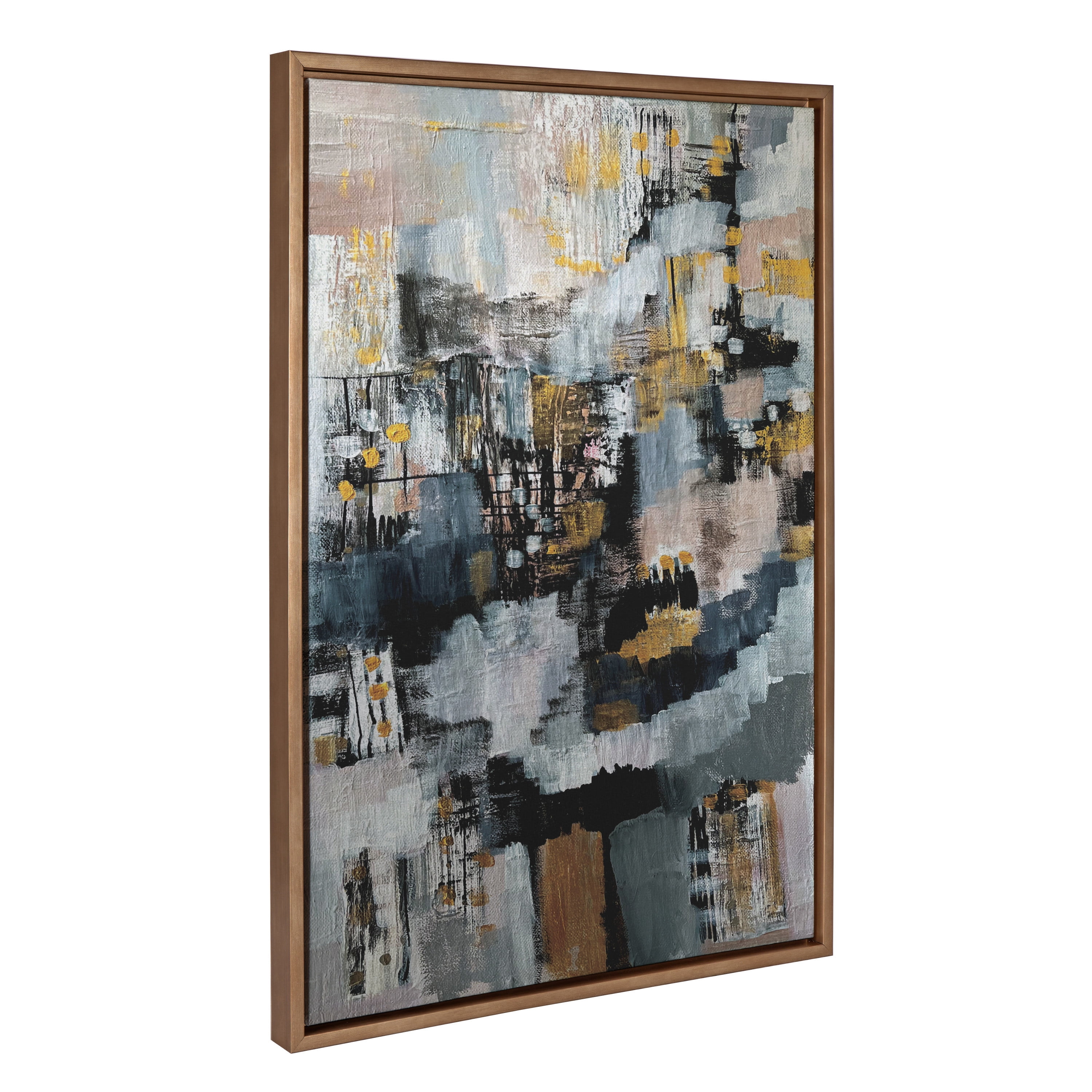 Gold and Gray Abstract Canvas Art with Wooden Frame, 23"x33"