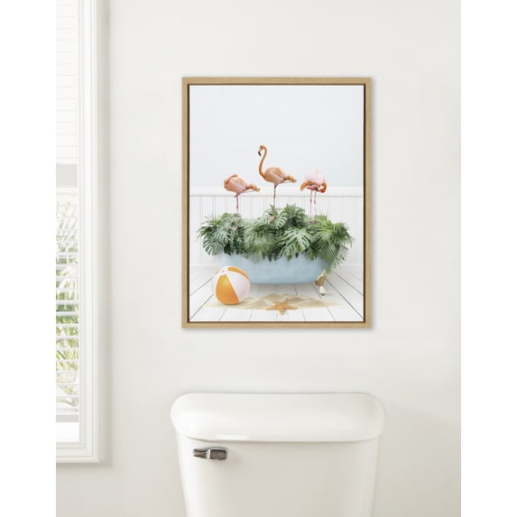 Kate and Laurel Sylvie Three Flamingos Beach House Bath Framed Canvas Wall Art by Amy Peterson, 18x24 Natural, Cute Animal Bathtub Art for Wall