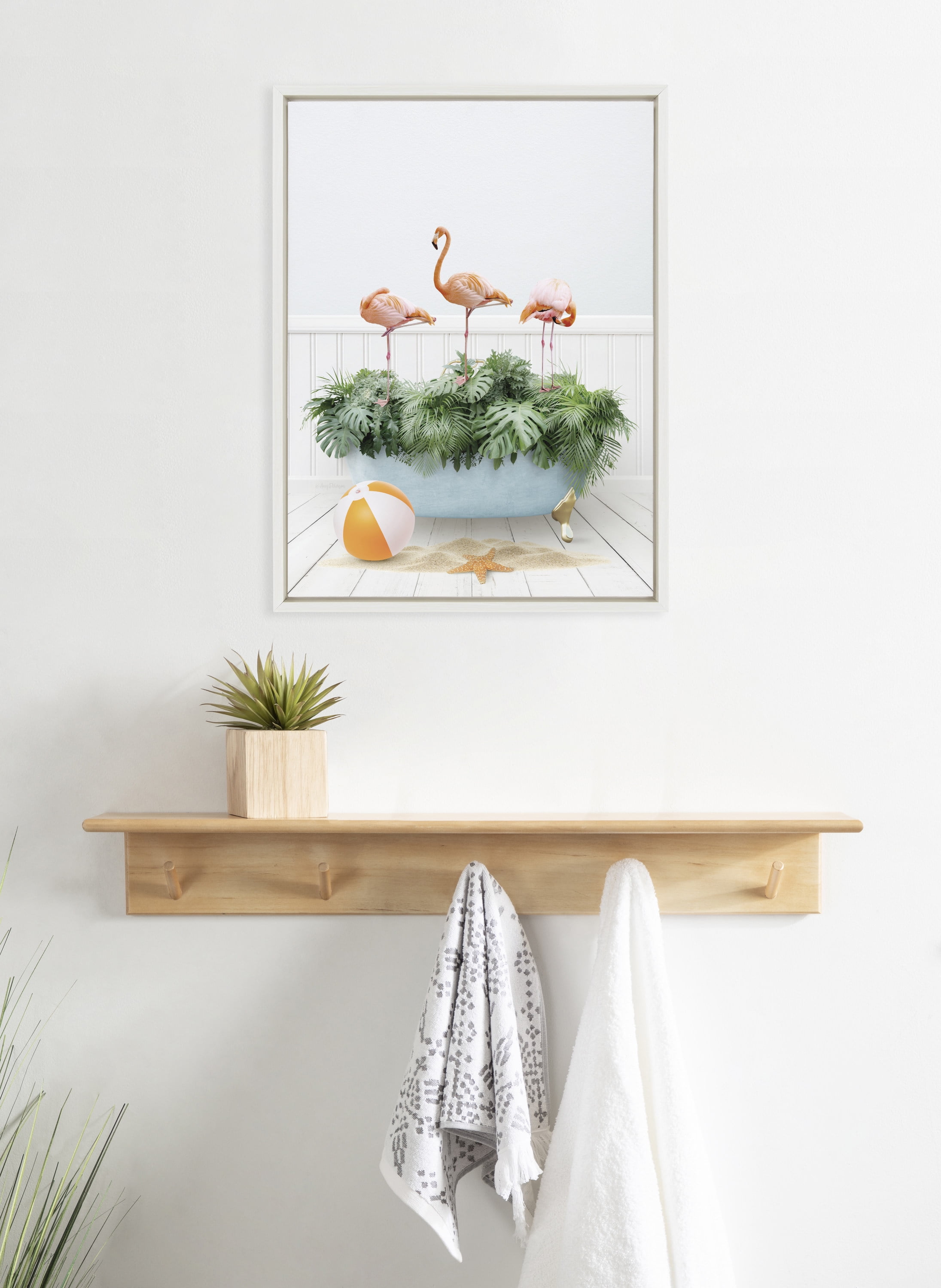 White Canvas Three Flamingos Beach House Bath Art Print