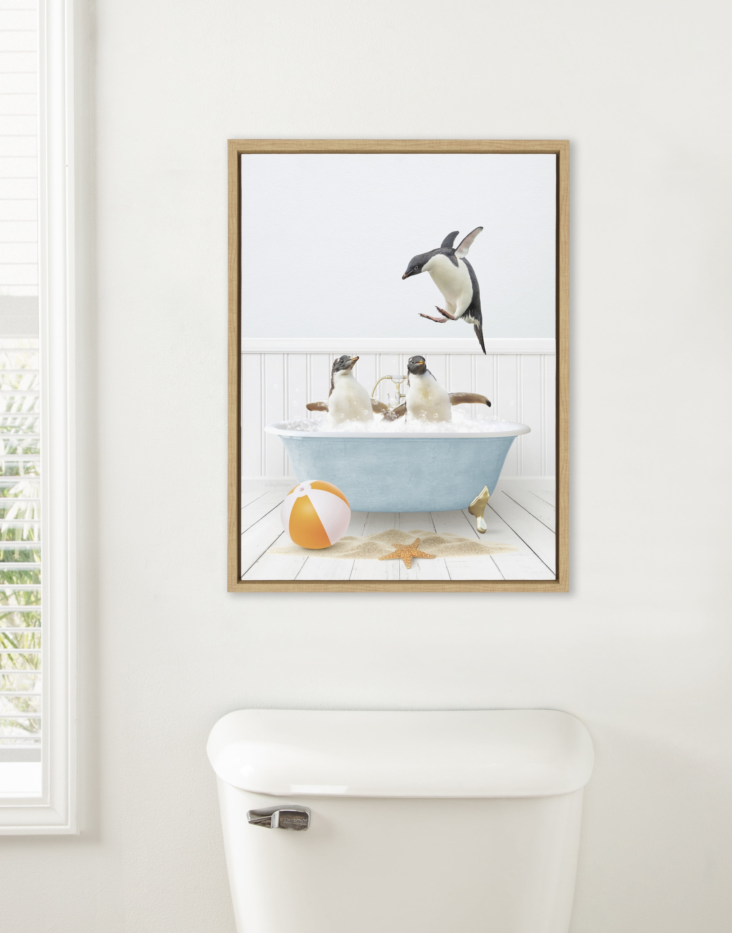 Natural Framed Canvas Art with Penguins in Beach House Bath, 18x24