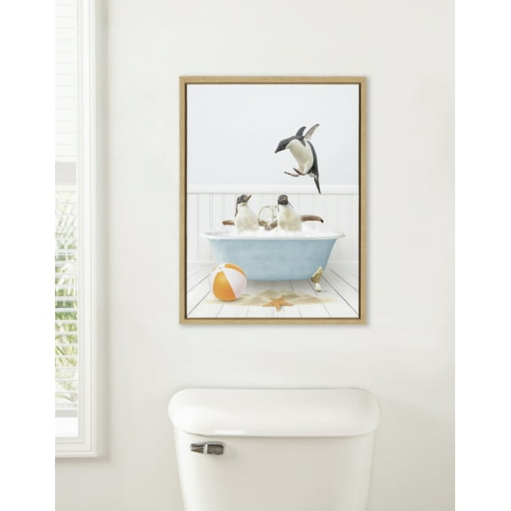 Kate and Laurel Sylvie Three Penguins Beach House Bath Framed Canvas Wall Art by Amy Peterson, 18x24 Natural, Cute Animal Bathtub Art for Wall