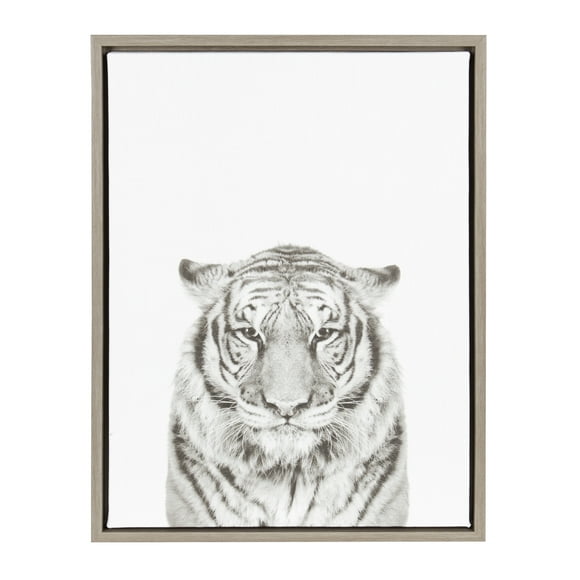 Kate and Laurel Sylvie Tiger Black and White Portrait Framed Canvas Wall Art by Simon Te Tai, 18x24 Gray