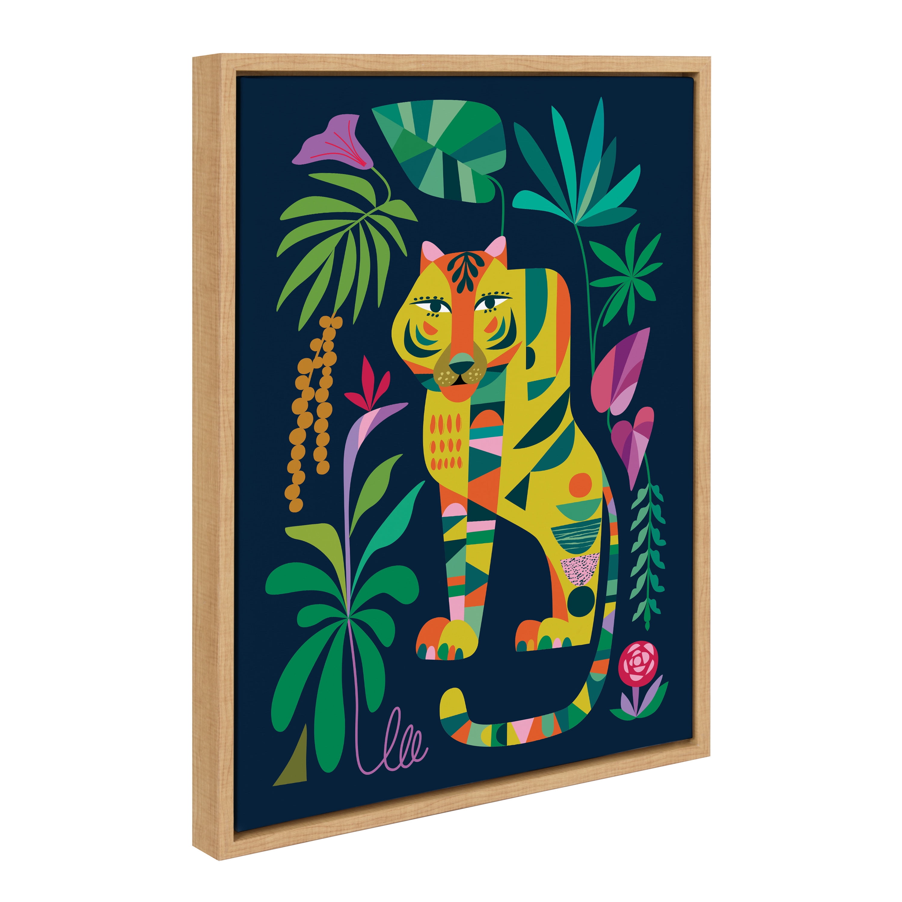 Colorful Tiger in the Forest Canvas Art with Natural Frame