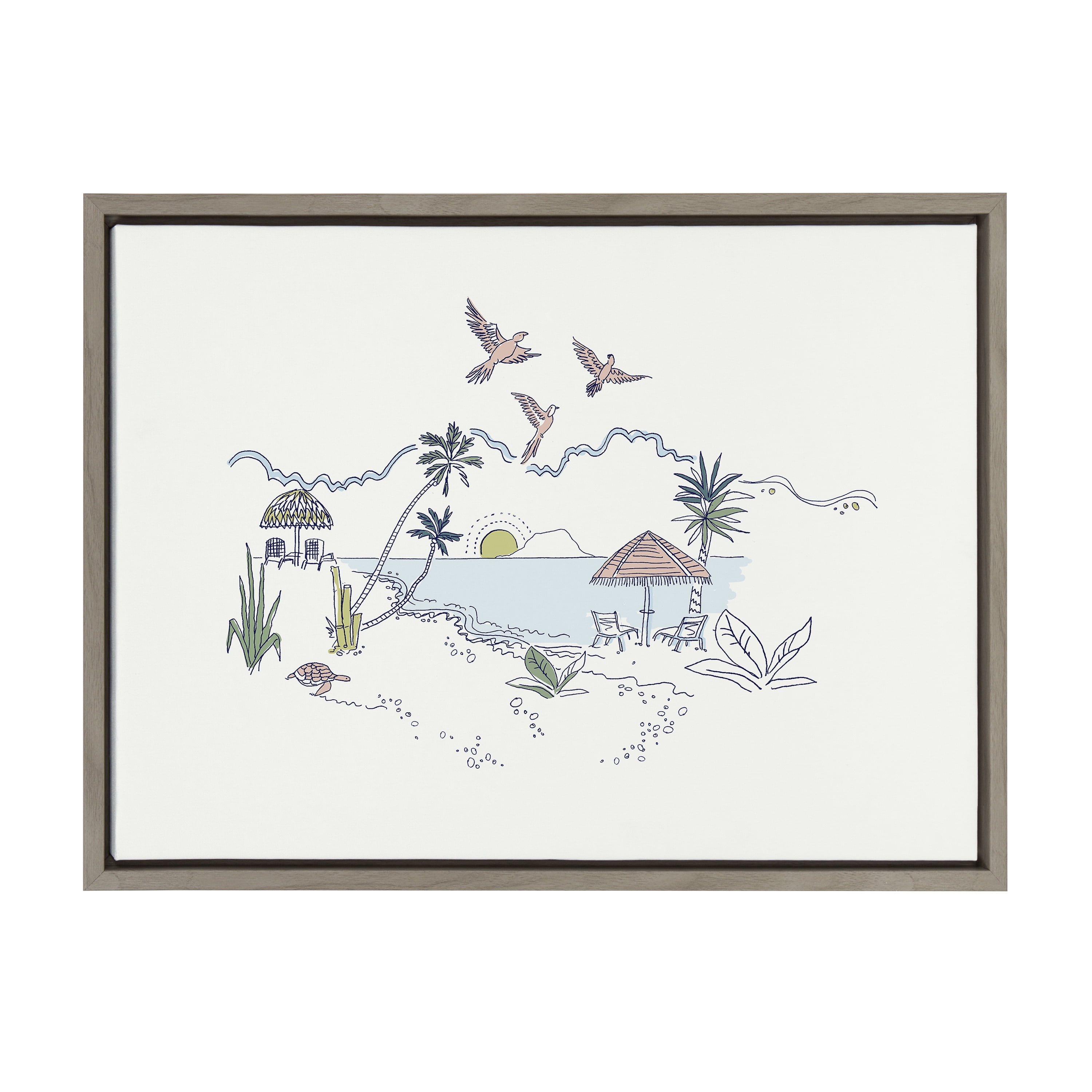 Tropical Beach Scene Framed Canvas Wall Art, 18x24, Gray