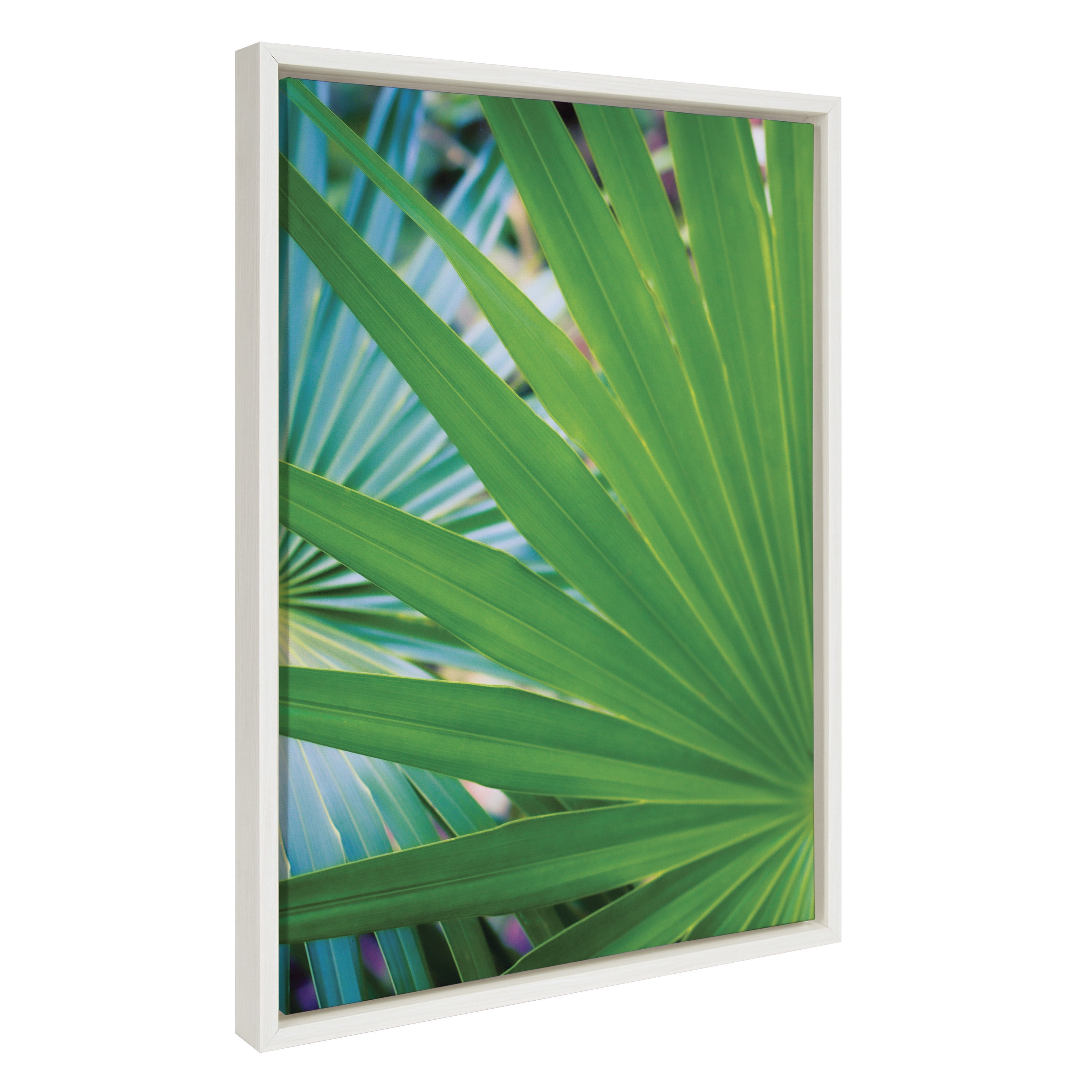 Tropical Palm Frond Green Canvas Wall Art with White Frame