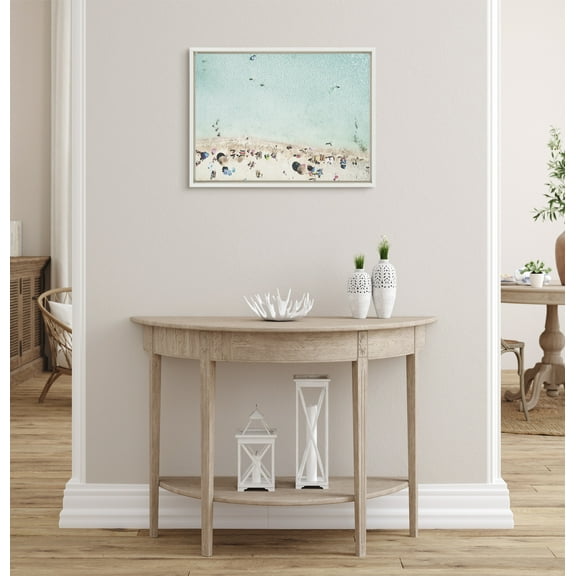 Kate and Laurel Sylvie Turquoise Beach from Above 2 Framed Canvas Wall Art by Amy Peterson Art Studio, 18x24 White, Decorative Beach Art for Wall