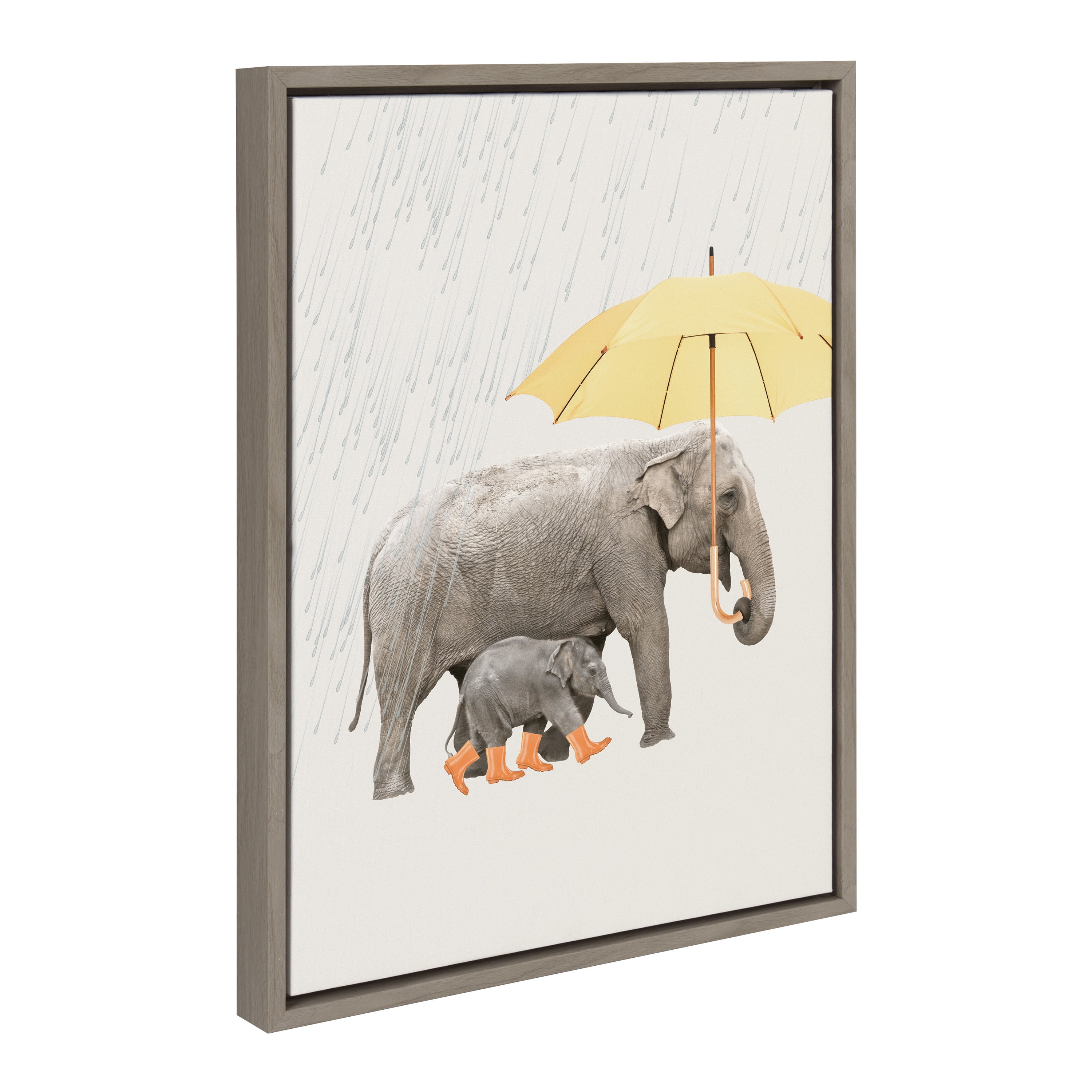 Gray Elephant Print on Canvas with Yellow Umbrella