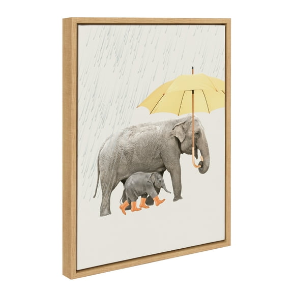 Kate and Laurel Sylvie Under the Rain Framed Canvas Wall Art by July Art Prints, 18x24 Natural, Cute Elephant Wall Decor