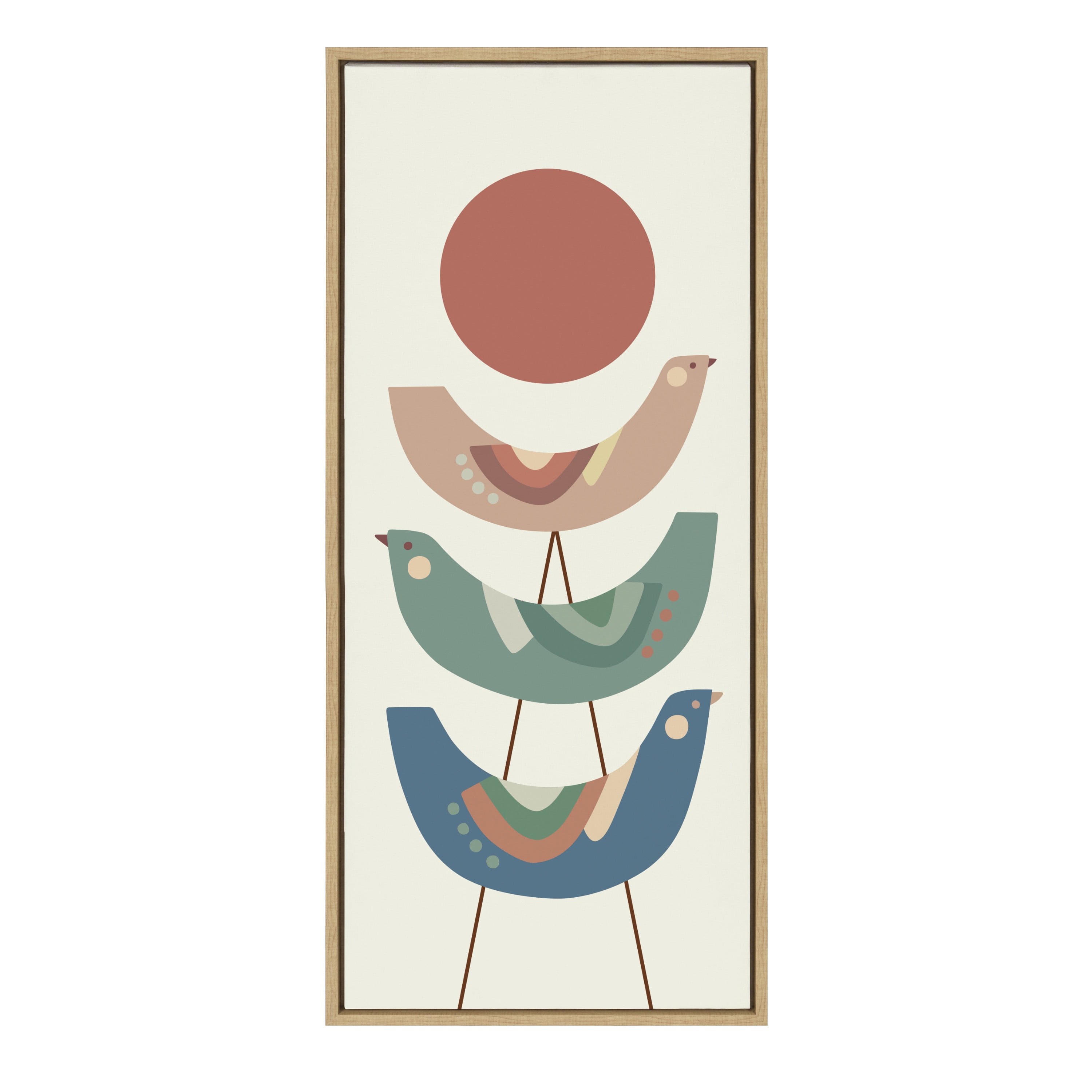 Colorful Mid Century Modern Bird Print on Canvas with Natural Frame