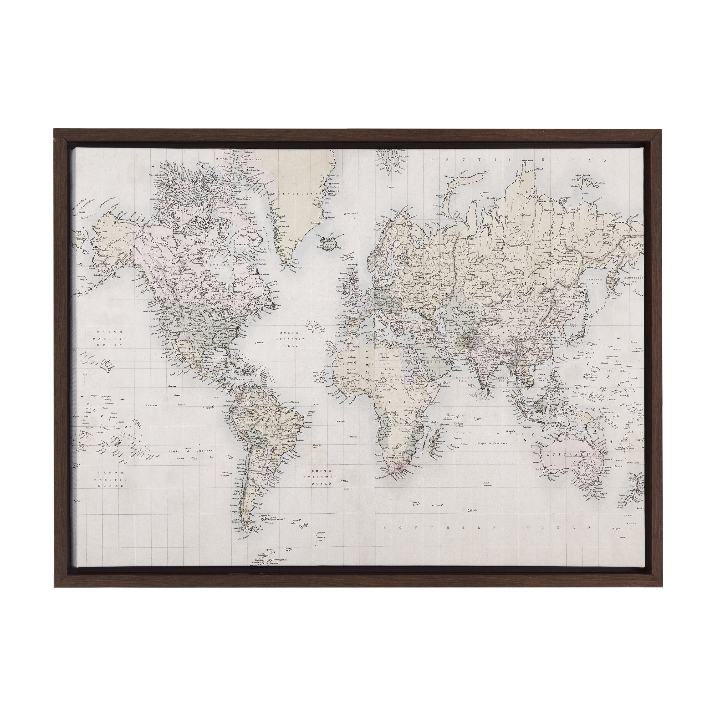 Vintage World Map Framed Canvas Print in Brown