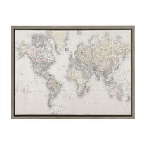 Kate and Laurel Sylvie Vintage World Map Framed Canvas Wall Art by The Creative Bunch Studio, 18x24 Gray, Decorative Map Art for Wall
