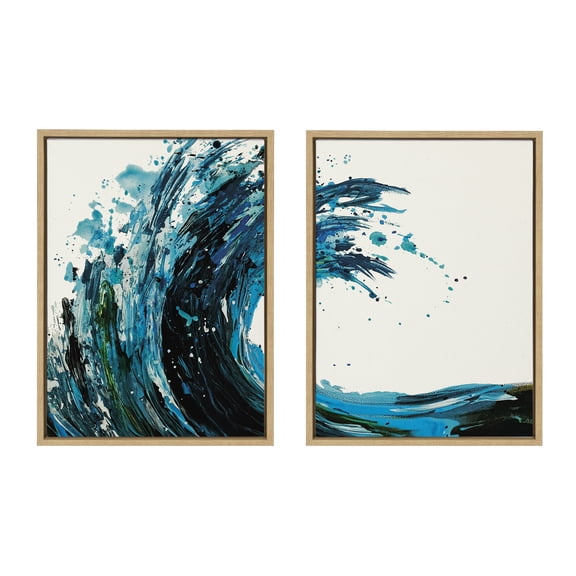 Kate and Laurel Sylvie Wave 1 and 2 Framed Canvas Wall Art Set, 2 Piece 18x24 Natural, Colorful Blue Crashing Ocean Waves Art for Wall Decor