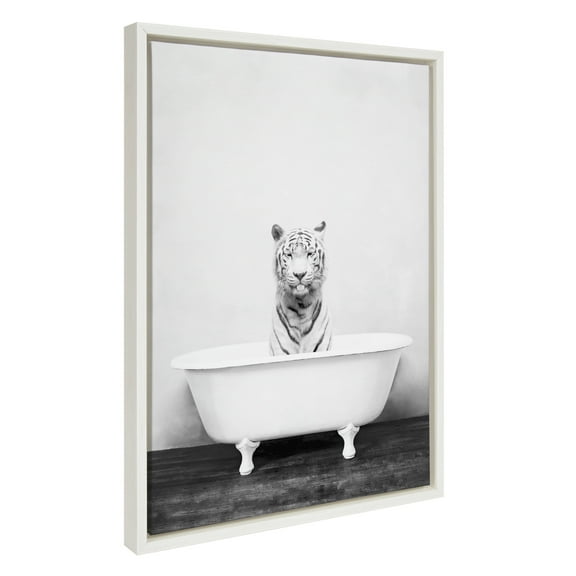 Kate and Laurel Sylvie White Tiger in Bathtub Framed Canvas Wall Art by Amy Peterson Art Studio, 18 x 24, White, Humorous Animal Wall Décor