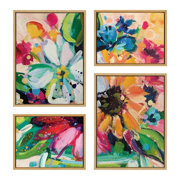 Kate and Laurel Sylvie Wild Growth Framed Canvas Wall Art Set by Rachel Christopoulos, 4 Piece Set Natural, Colorful Flower Brushstrokes Art for Wall