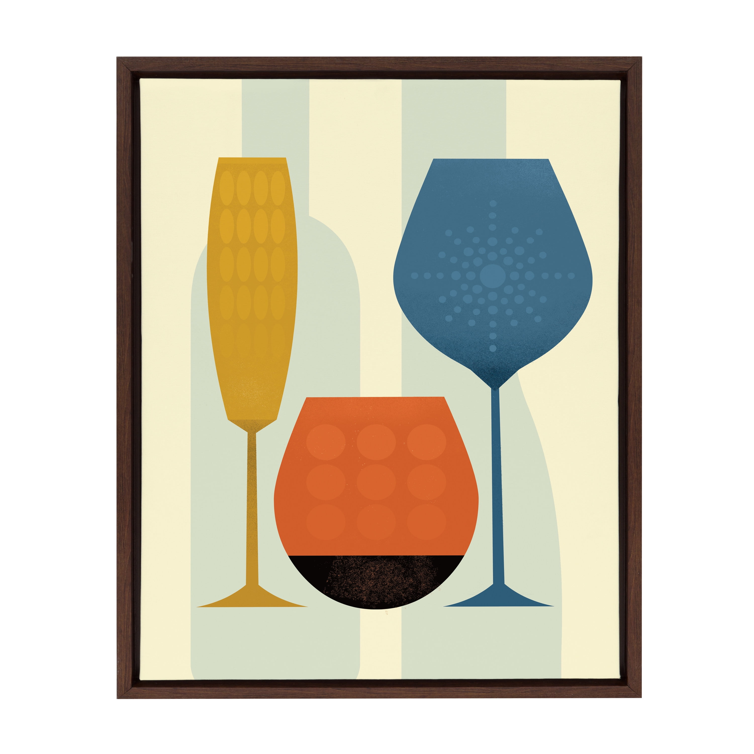 Colorful Wine Glasses Print on Canvas with Brown Frame