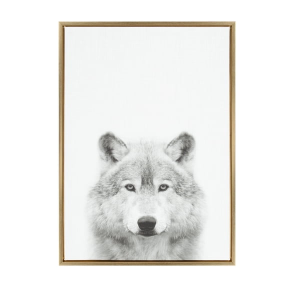Kate and Laurel Sylvie Wolf Animal Print Black and White Portrait Framed Canvas Wall Art by Simon Te Tai, 23x33 Gold