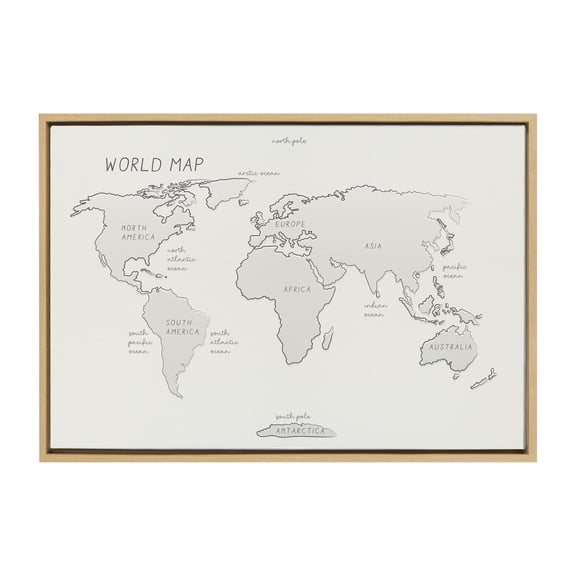 Kate and Laurel Sylvie World Map Sketch Framed Linen Textured Canvas Wall Art by Teju Reval of SnazzyHues, 23x33 Natural, Decorative Map Art for Wall