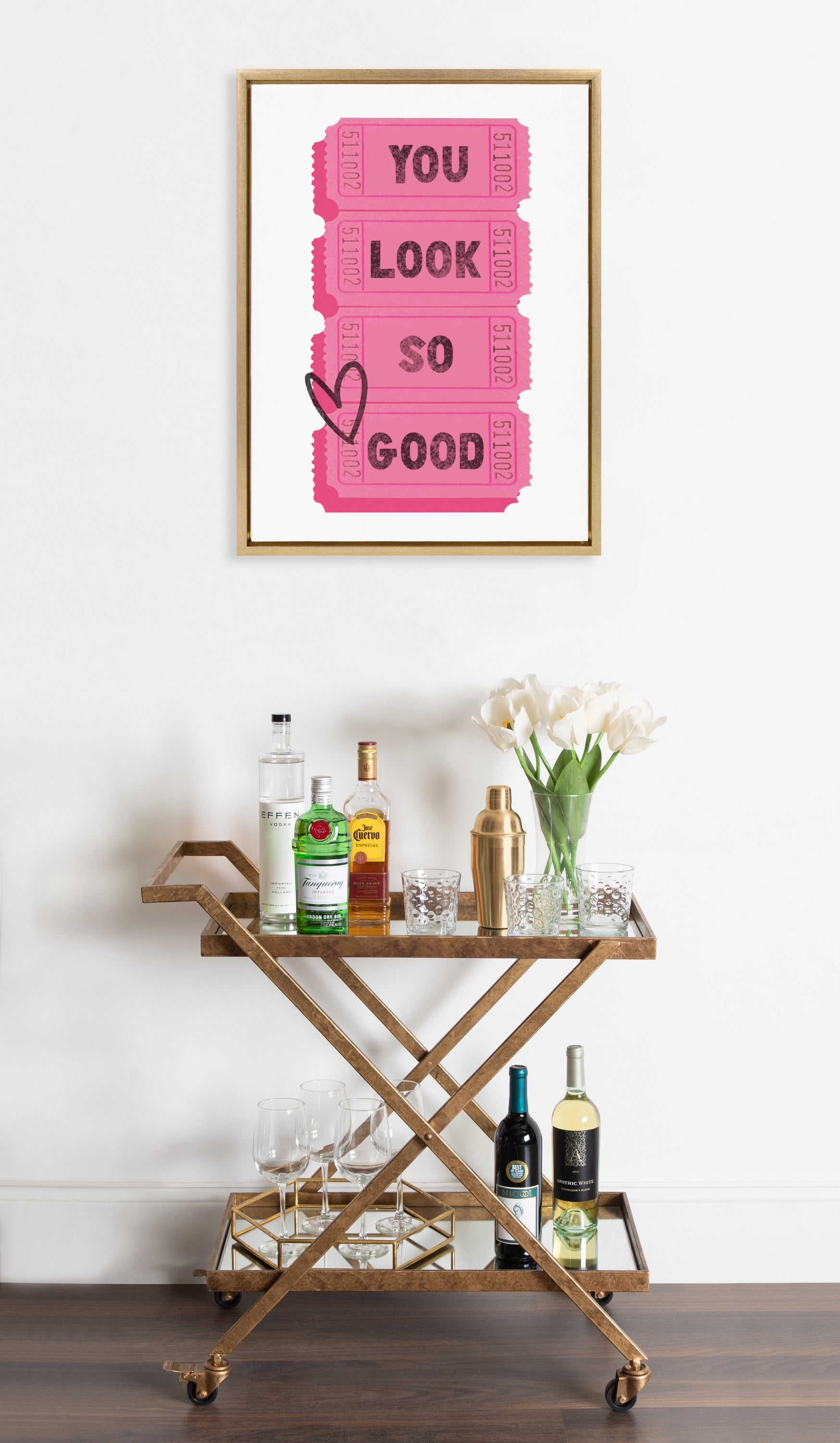 Bright Gold Framed Canvas Print with Pink Tickets, 18" x 24"
