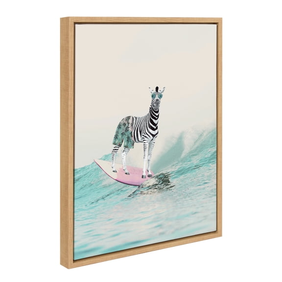 Kate and Laurel Sylvie Zebra Surfer Framed Canvas Wall Art by July Art Prints, 18x24 Natural, Modern Zoo Animal Ocean Wall Decor