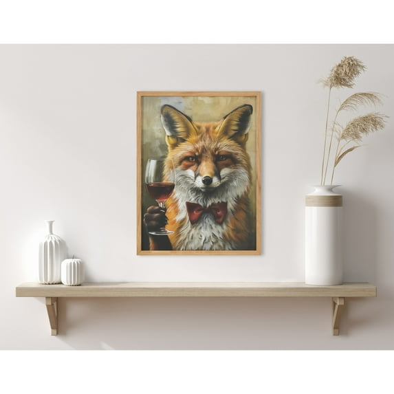 Kate and Laurel Traditional Fox Wine Tasting Framed Wall Art by The Creative Bunch Studio, 12x16 Natural, Cute Fox Wine Art for Wall