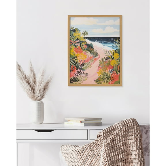 Kate and Laurel  Tropical Bright Ocean Path Landscape Framed Wall Art by The Creative Bunch Studio, 12x16 Gold, Coastal Beach Landscape Art for Wall