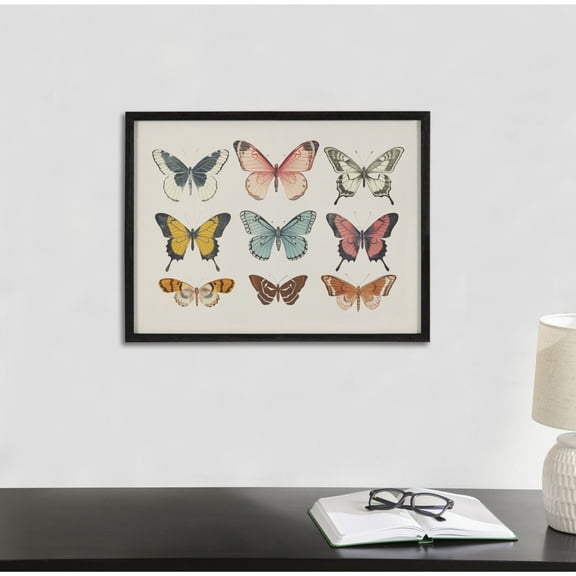 Kate and Laurel Vintage Style Muted Pastel Butterflies II Framed Wall Art by The Creative Bunch Studio, 16x12 Black, Soft Cute Butterfly Art for Wall