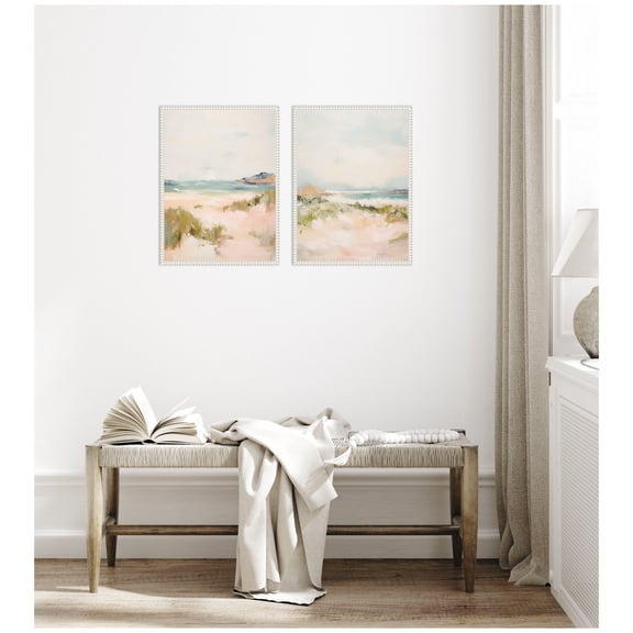 Kate and Laurel White Tranquil Landscape 2 Piece Framed Canvas Wall Art Set by Amy Lighthall, Sylvie Beaded White Coastal, Beach Art for Wall Decor