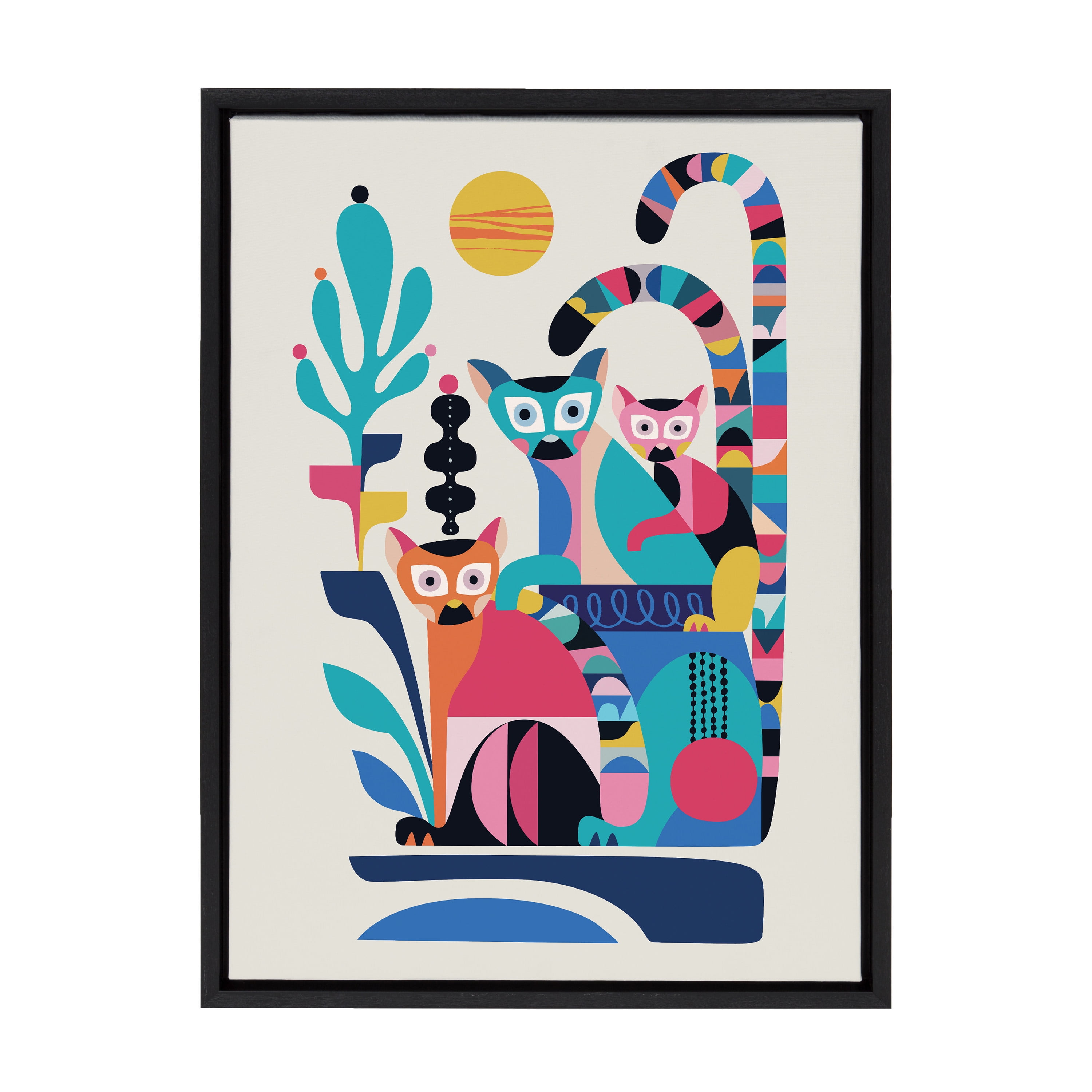 Mid Century Modern Multicolor Lemur Framed Canvas Art, 18x24
