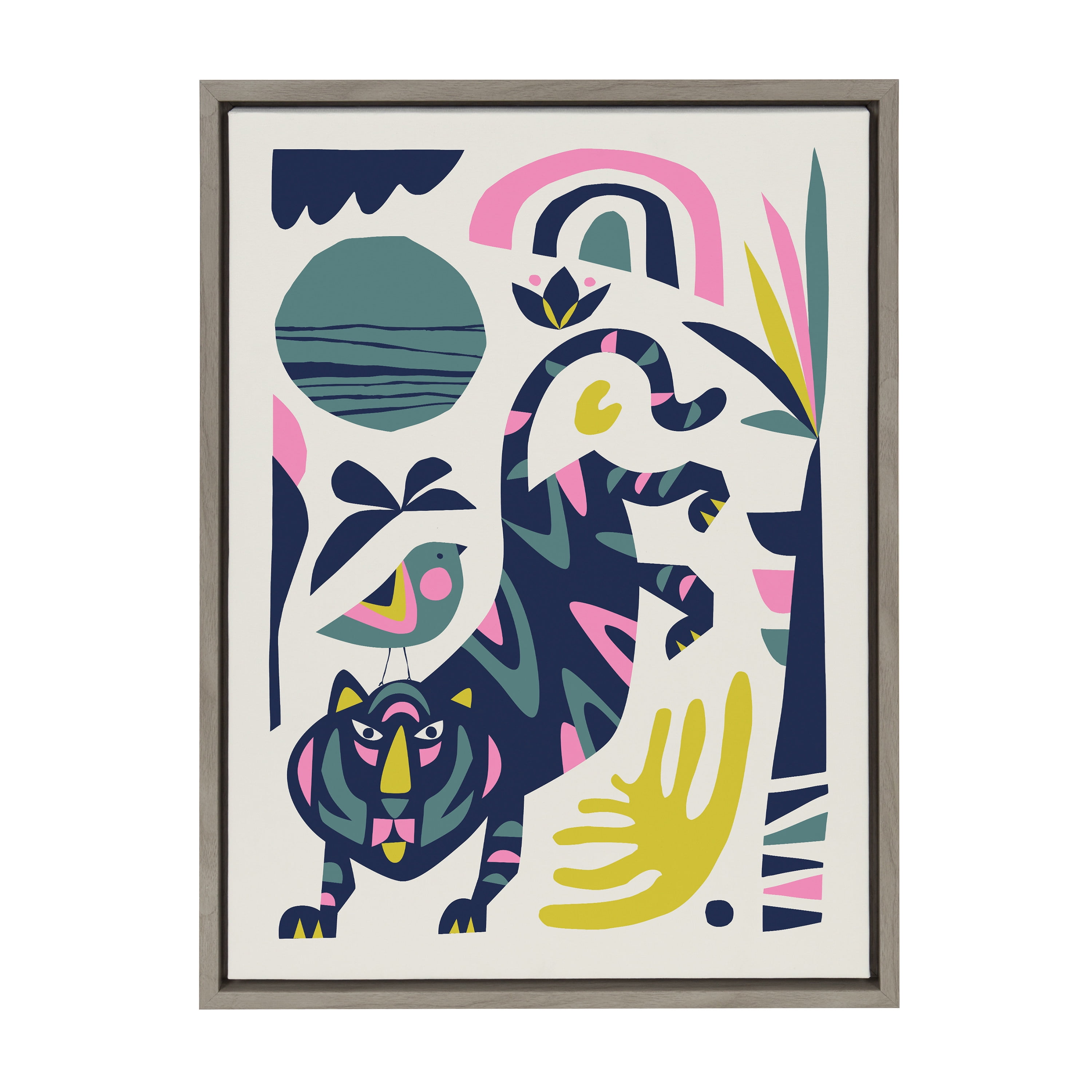 Mid Century Modern Tiger and Bird Print on Canvas, 18x24, Multicolor