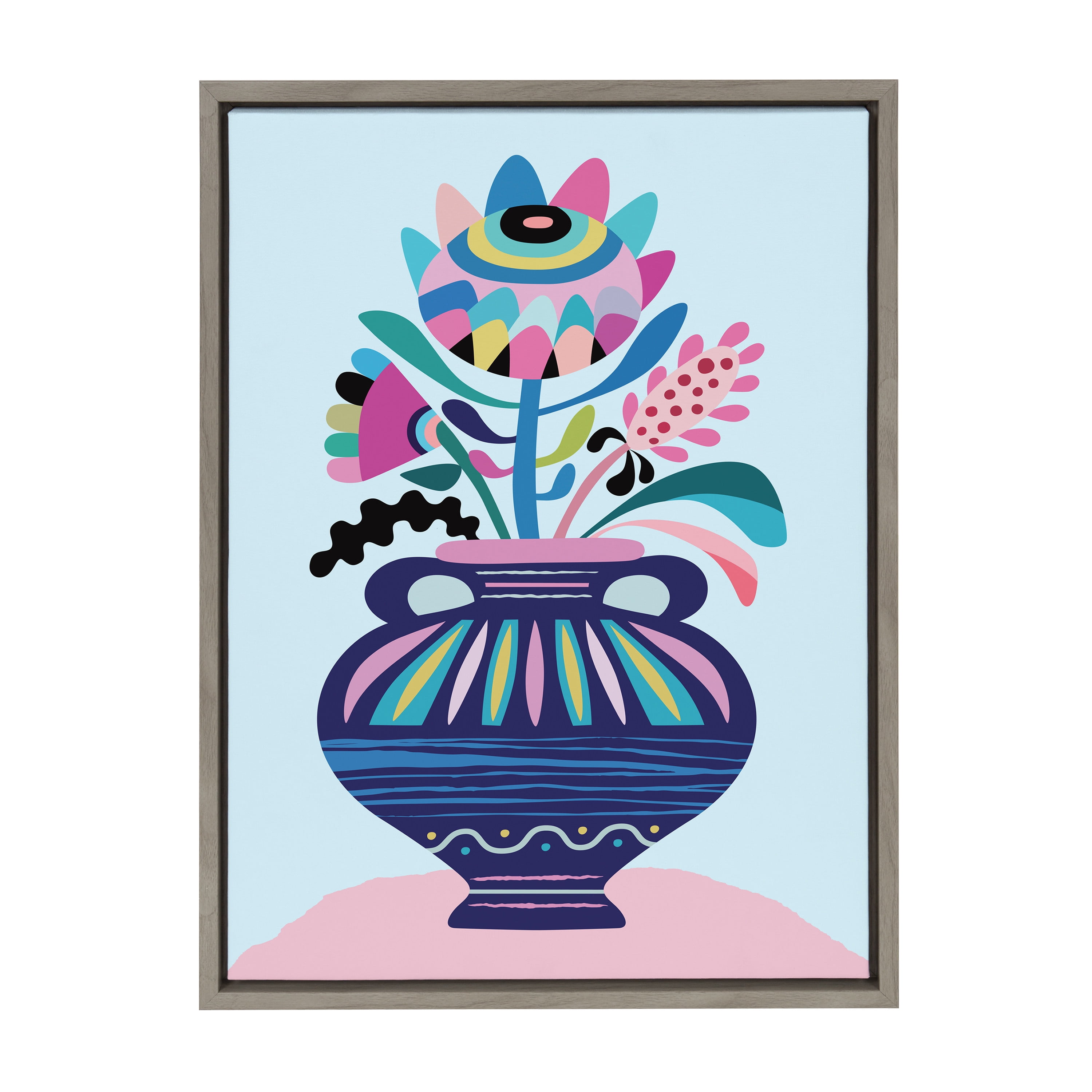 Colorful Abstract Floral Print on Canvas with Gray Frame