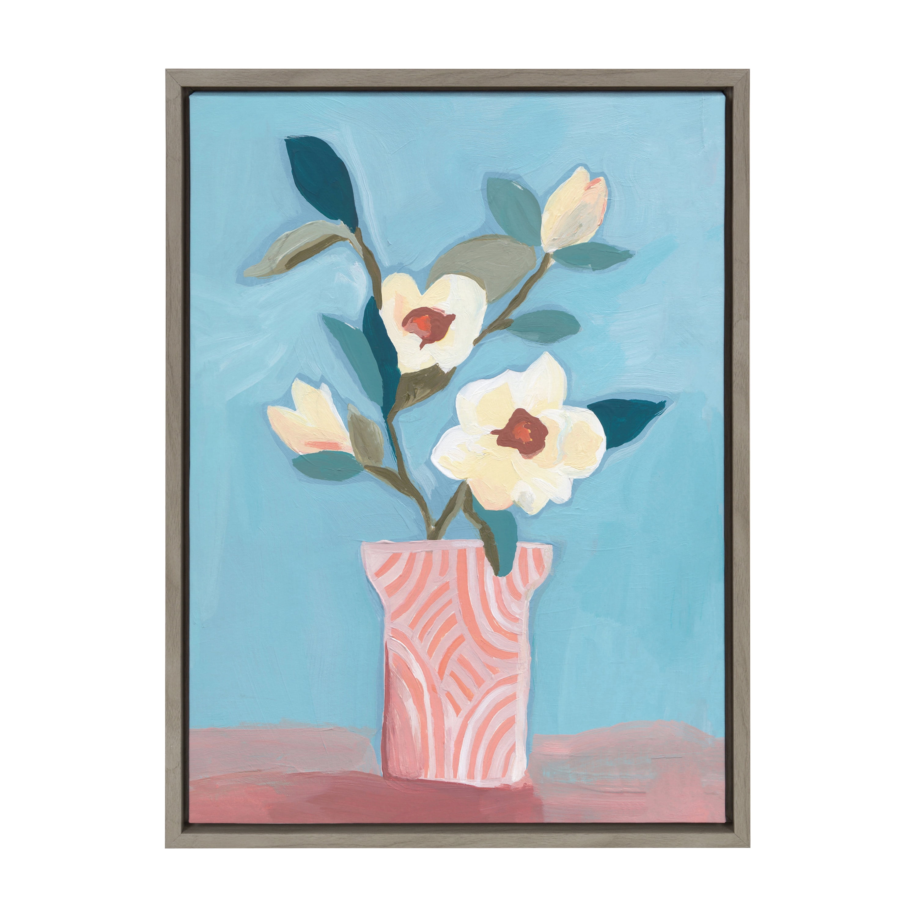 Magnolia Blooms Abstract Floral Canvas Print with Gray Frame