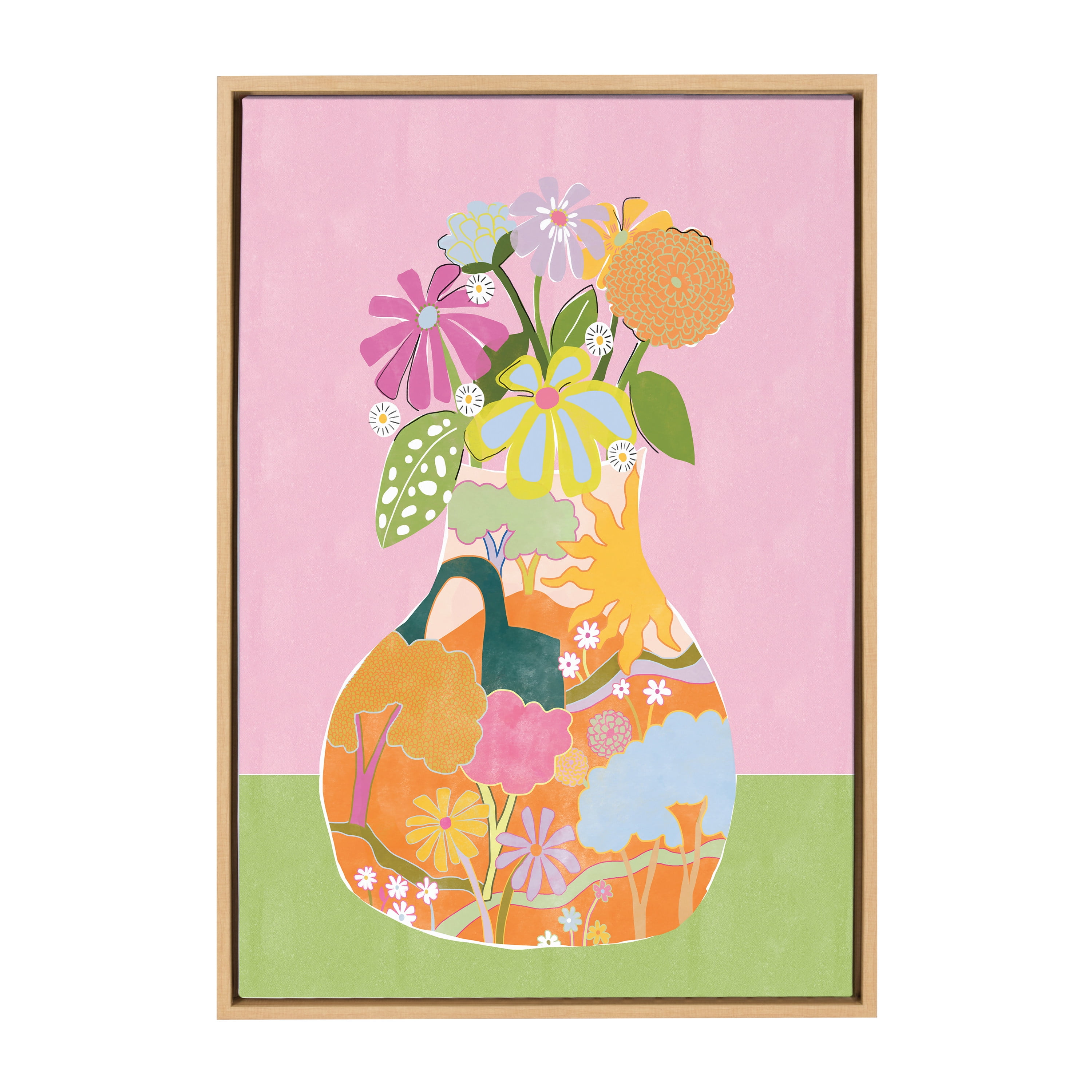 Whimsical Floral Vase Print on Canvas with Natural Frame