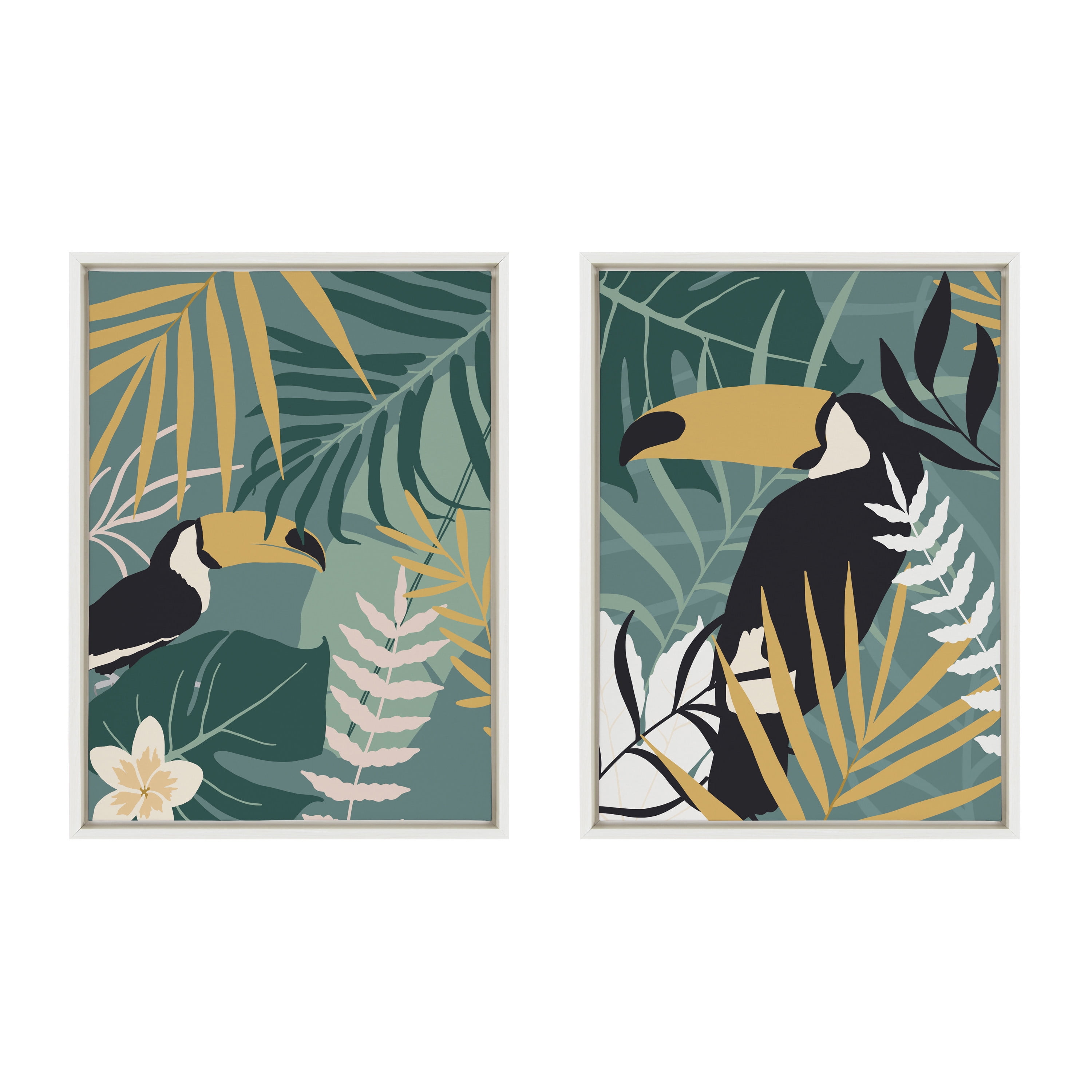 Tropical Toucan Abstract Canvas Art Set with White Frame