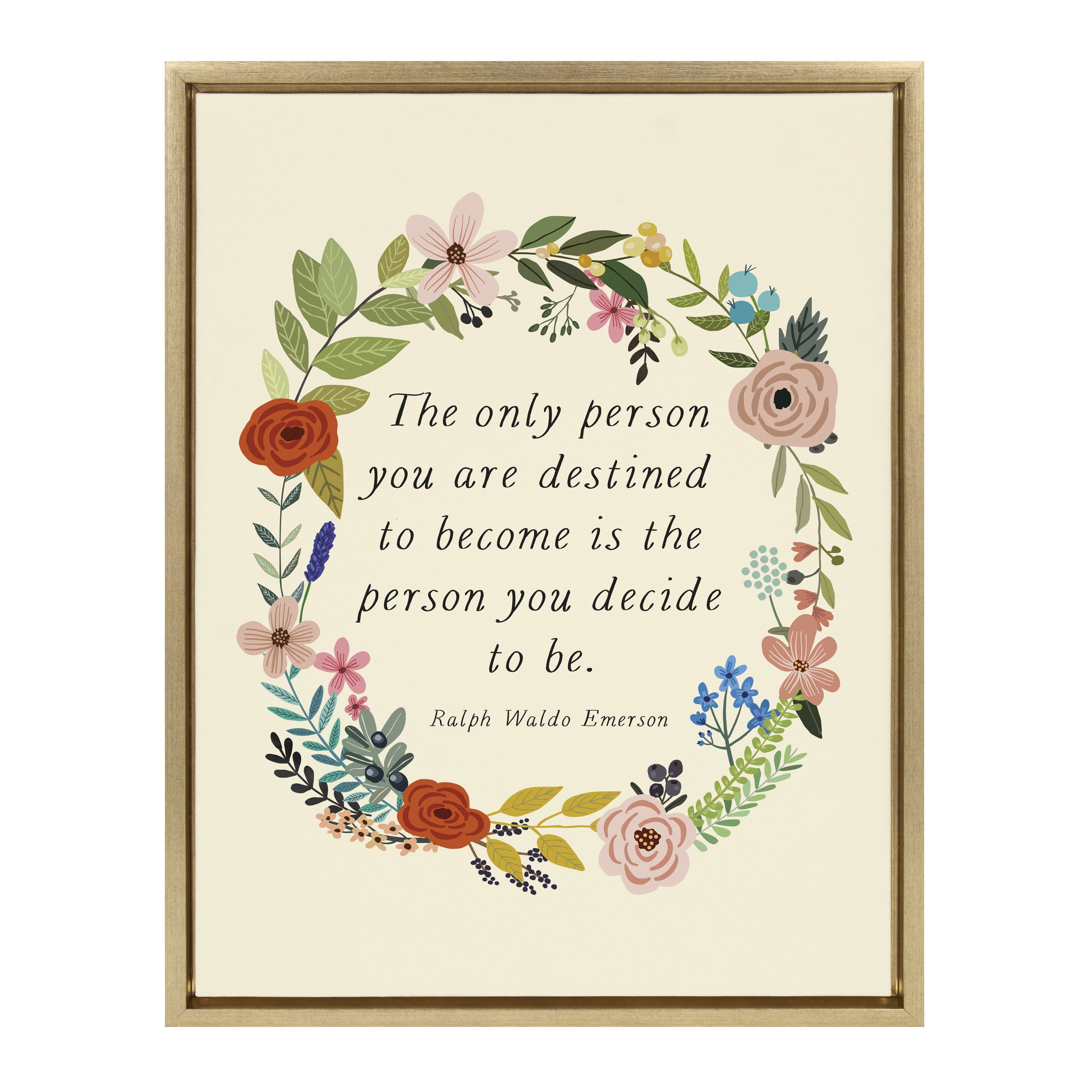 Floral Motivational Quote Canvas Wall Art with Gold Frame