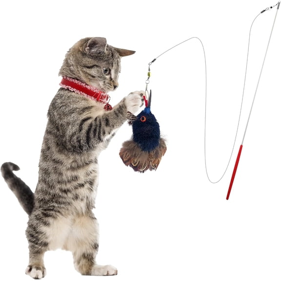 Kat Fly 2 Inch Handmade Cat Toy Teaser Turkey with 19 Inch White Wand - Brown Feathers Natural Material Toy