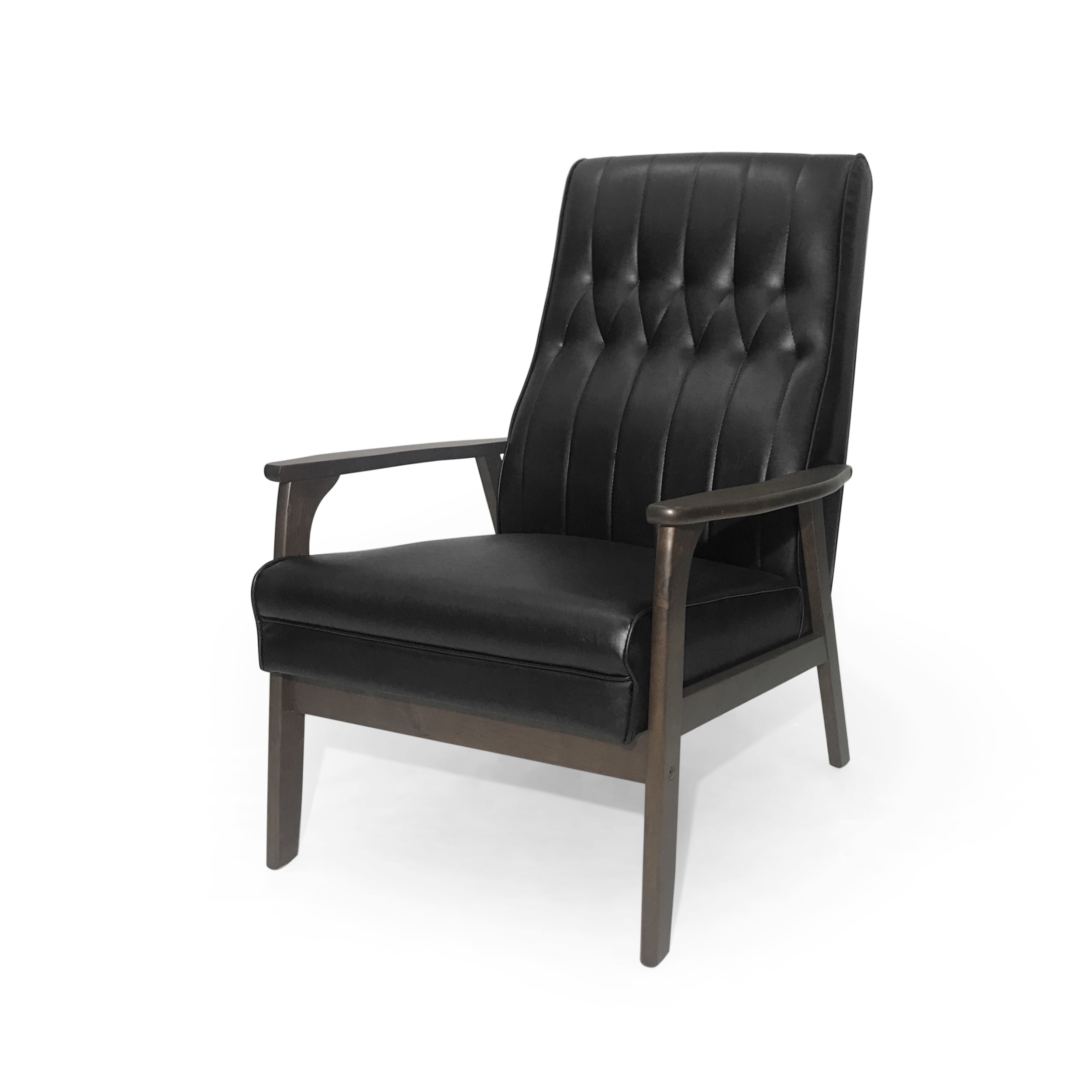 Matte Black Faux Leather and Wood Mid-Century Modern Accent Chair