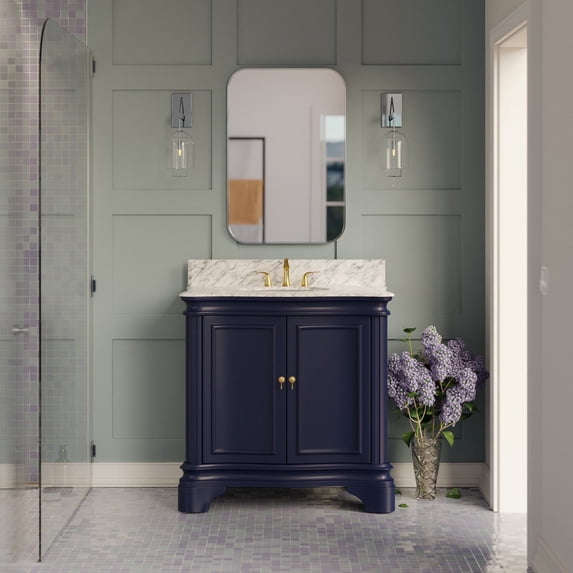 Katherine 36" Bathroom Vanity with Royal Blue Cabinet and Carrara Marble Top