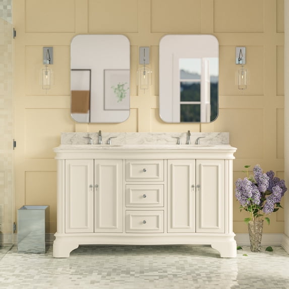 Katherine 60" Double Bathroom Vanity with White Cabinet and Carrara Marble Top