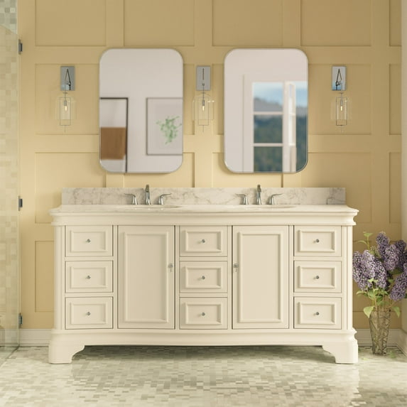 Katherine 72" Double Bathroom Vanity with White Cabinet and Carrara Marble Top