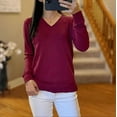 thumbnail image 1 of Katherine Barclay Ladies' Extra Fine Merino Wool V-Neck Sweater (Raspberry, XXL), 1 of 2