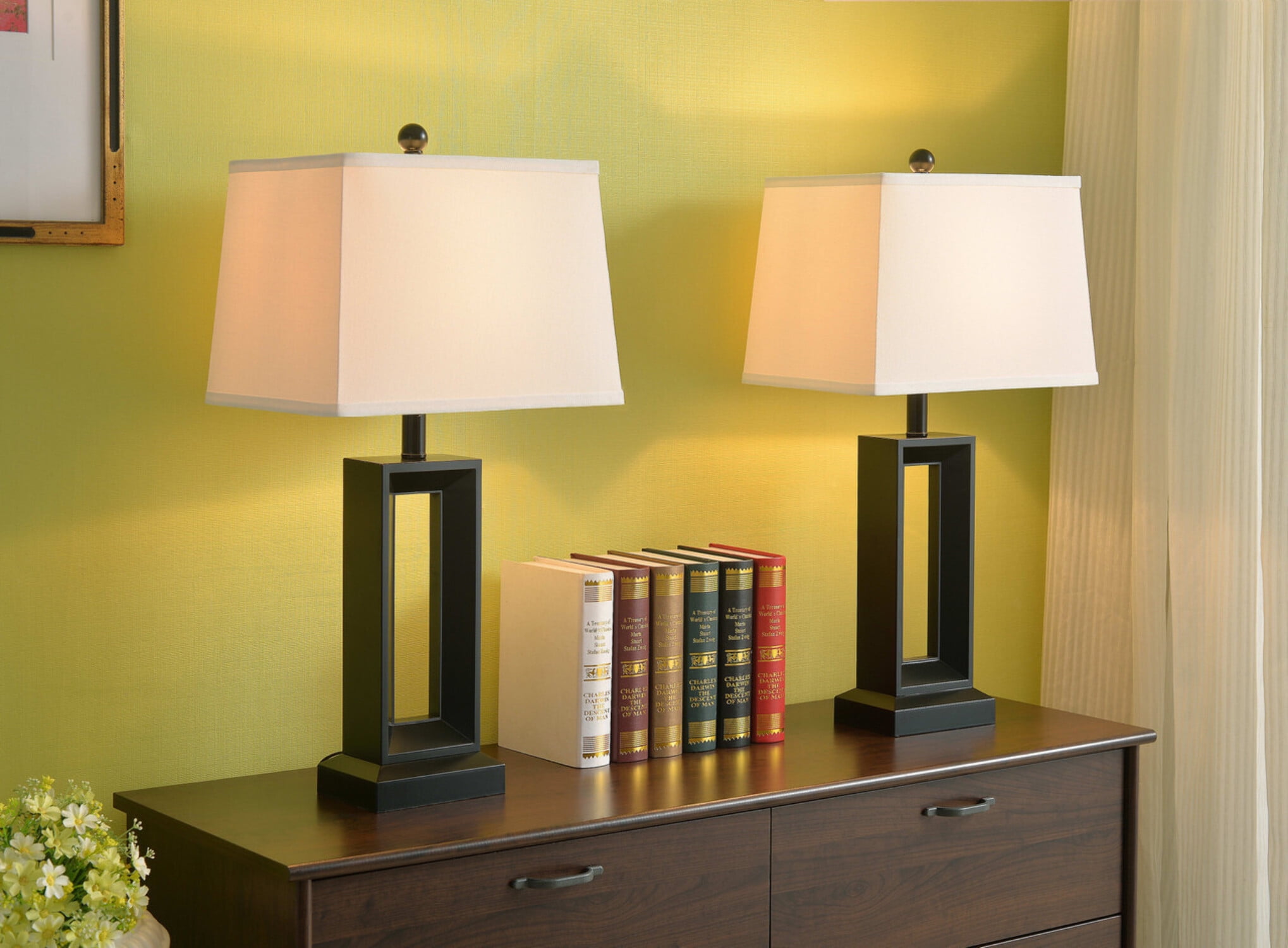 Kenroy Home Katherine 27.5'' Table Lamp Set of 2 with White Fabric Rectangle Shade Transitional Table Light Fixture for Living Room, Bedroom, or Office, Black