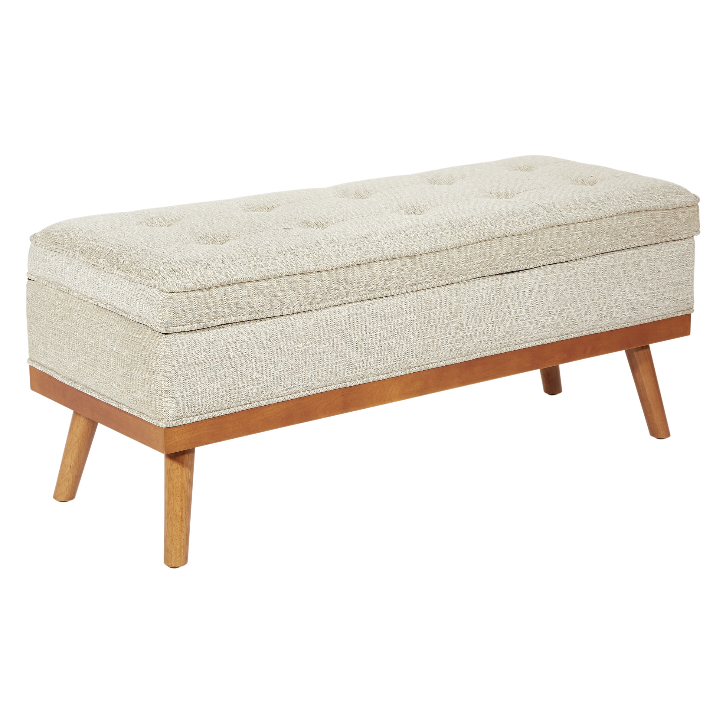 Katheryn Beige Linen Storage Bench with Light Espresso Legs