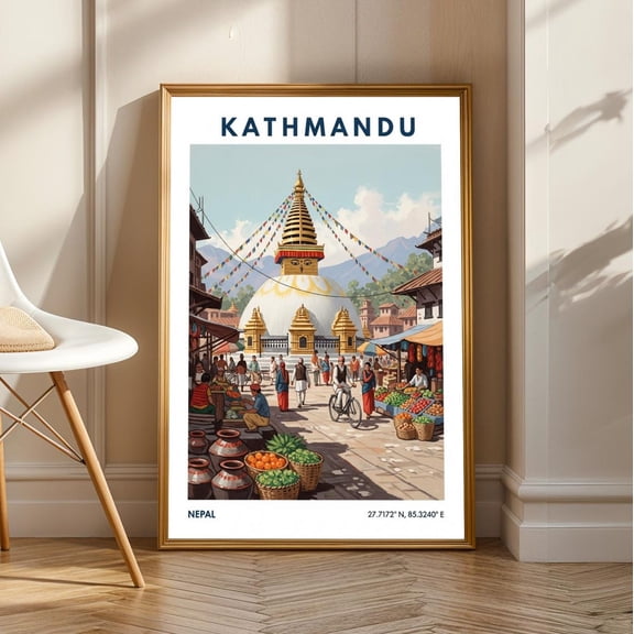 Kathmandu Boudhanath Stupa Art Print: Vintage Gouache Nepalese Cityscape, Stretched Canvas Size 16x24